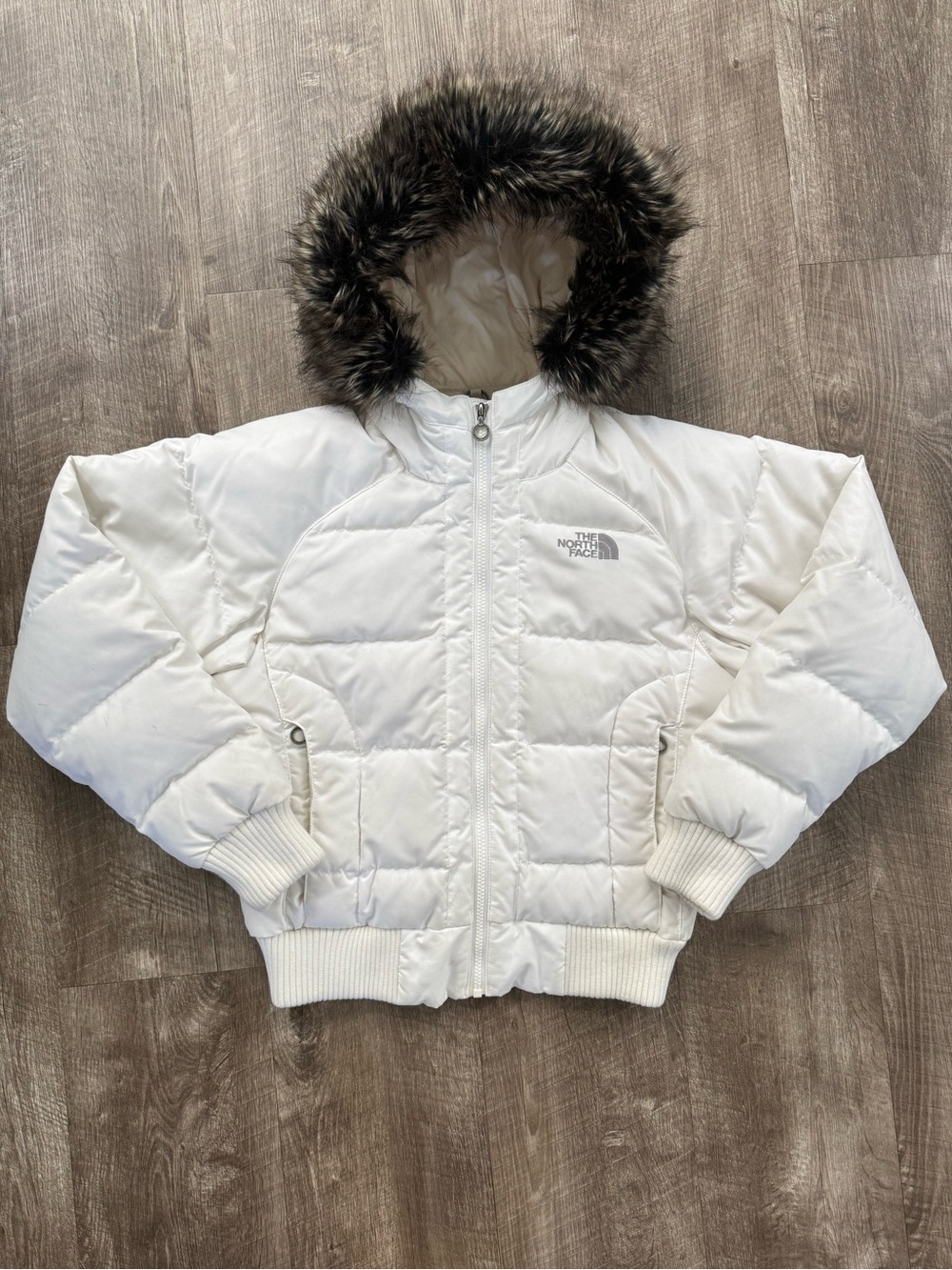 VTG The North Face Down Puffer Jacket Women’s Small Y2K Cropped White Fur Hood